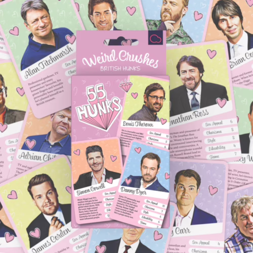 Explore the quirky crushes of British hunks with this fun card collection! Collage of British men profiles with ratings