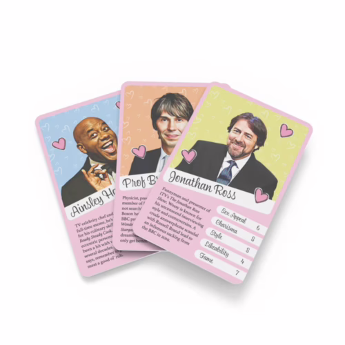 Collect these fun trading cards of British hunks, available at The Loving Company! Three trading cards featuring Ainsley Harriott, Prof Brian Cox, and Jonathan Ross