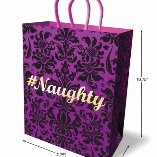 This playful '#Naughty' gift bag is perfect for adding a fun twist to your gift-giving. A purple gift bag with a black damask pattern and the text '#Naughty' in gold