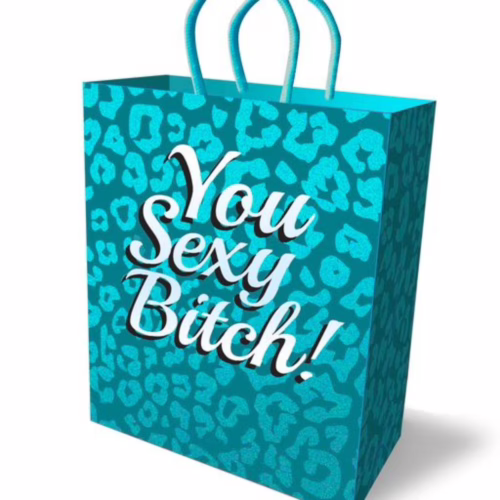 Elevate your gift-giving with this fun and stylish gift bag! Vibrant turquoise gift bag with leopard print and 'You Sexy Bitch!' text