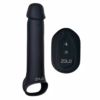 Zolo Vibrating Remote Control Penis Extender Strap On in black, with a remote control