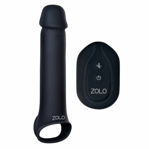 Zolo Vibrating Remote Control Penis Extender Strap On in black, with a remote control