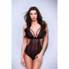 Baci crotchless mesh teddy in black with monokini silhouette and bralette-style cups for intimate comfort