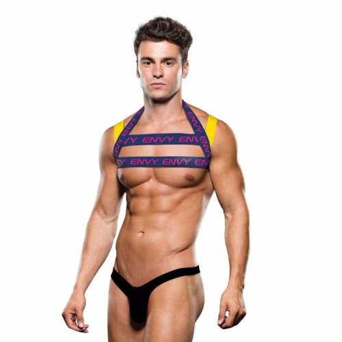Envy logo harness in blue yellow colourway for contemporary body styling