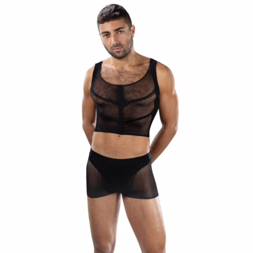 Envy Fishnet Armor 2 Piece Set - bold black fishnet intimate wear set with architectural design for statement styling